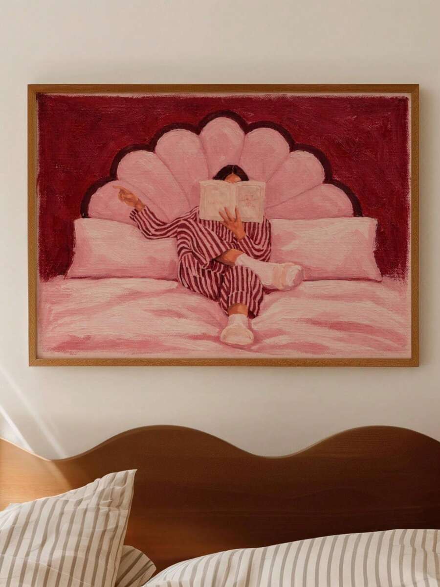 Pink Woman Reading In Bed Vintage Striped Canvas Poster 