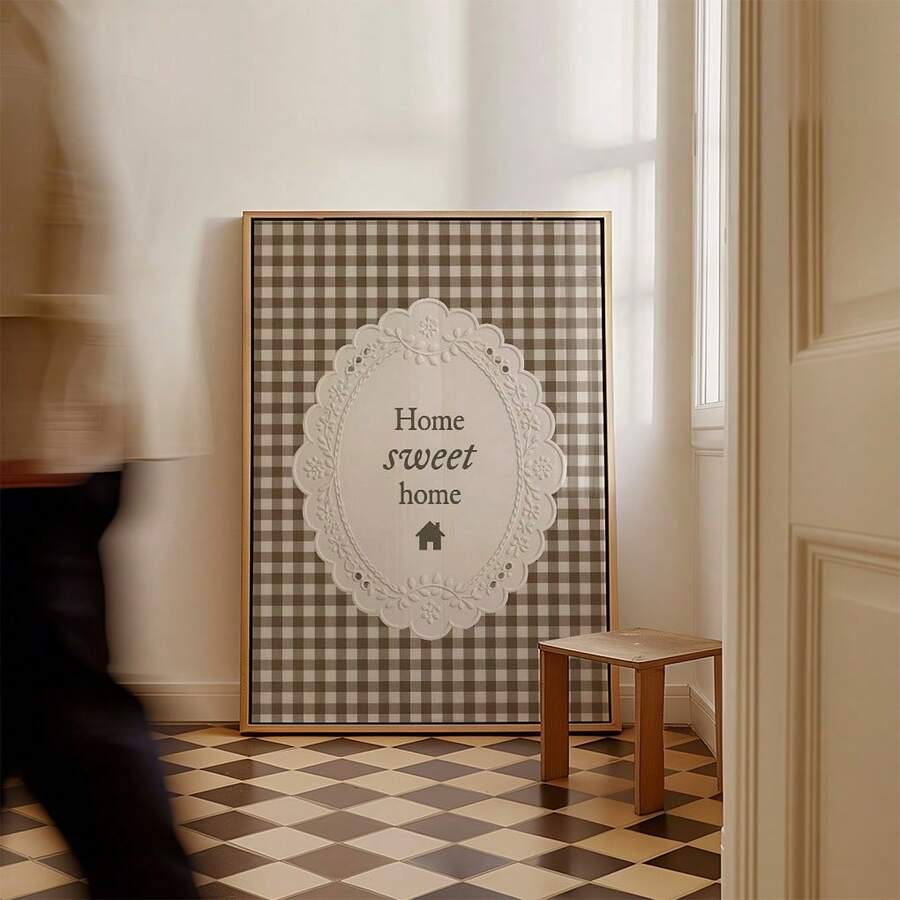 Gingham Home Sweet Home canvas print leaning in a rustic ivory and brown hallway