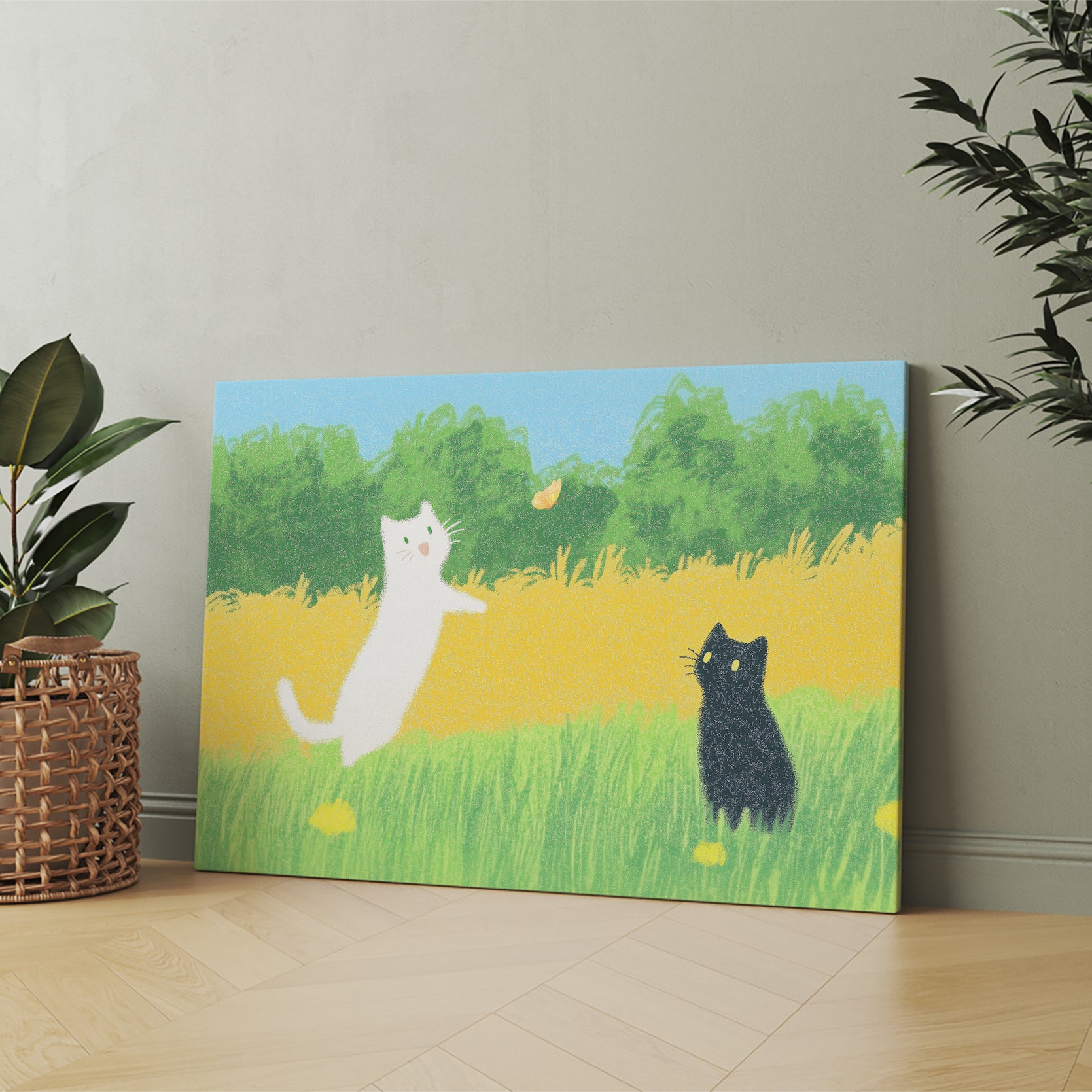 Add a touch of whimsy to your living room, sofa backdrop, or bedside with our Playful Cats Canvas Wall Art. Featuring white and black cats frolicking in a field, this piece is a charming addition to any home decor. Made of high-quality canvas, it adds a playful touch to your space.