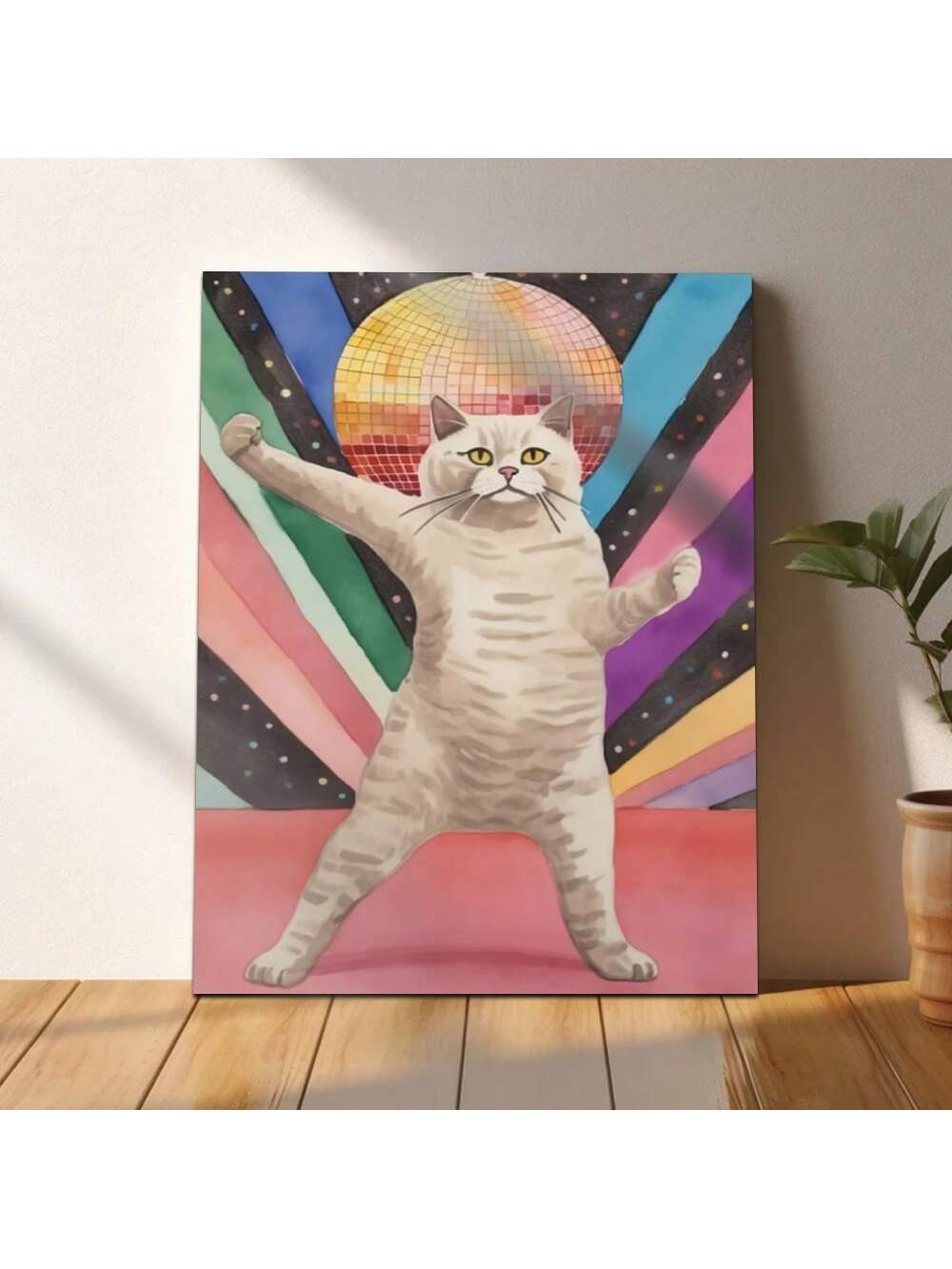 Bring vibrant personality to any space with this eye-catching disco cat canvas art print. Featuring a groovy feline rendered in bold, dynamic colors and retro-inspired design, this piece celebrates playful creativity and nostalgic charm.