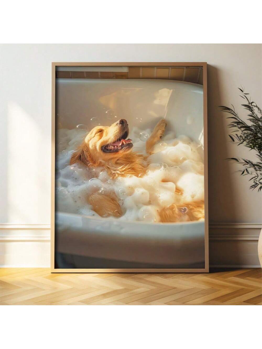 Add a touch of joy and charm to any space with this Playful Golden Retriever in Bubble Bath canvas art. Expertly crafted, this whimsical dog-themed wall decor brightens living rooms, bedrooms, or offices with its lively and heartwarming design. The vibrant colors and detailed imagery capture the playful spirit of a beloved pet, making it an ideal piece to enhance your environment with warmth and character. Durable and ready to hang, it’s a sophisticated way to celebrate the joy pets bring into our lives.