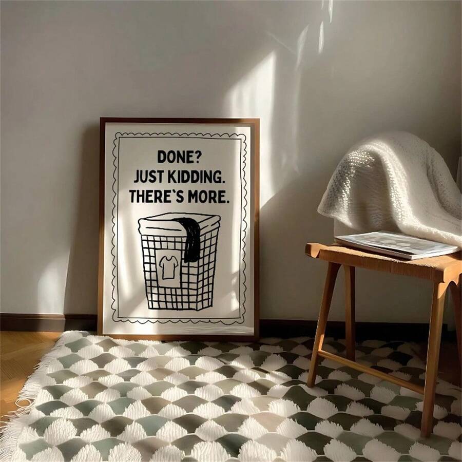 Bring playful charm to any room with this fun 2D canvas wall art featuring a whimsical laundry basket design. Perfect for bedrooms, kitchens, and living spaces, this modern piece combines figure, graphic, and letter elements in Pattern A for visual interest. Crafted on durable canvas material and finished with a waterproof coating, it's built to last. Comes unframed, giving you the flexibility to choose your own frame style and create a personalized gallery wall that matches your décor perfectly.