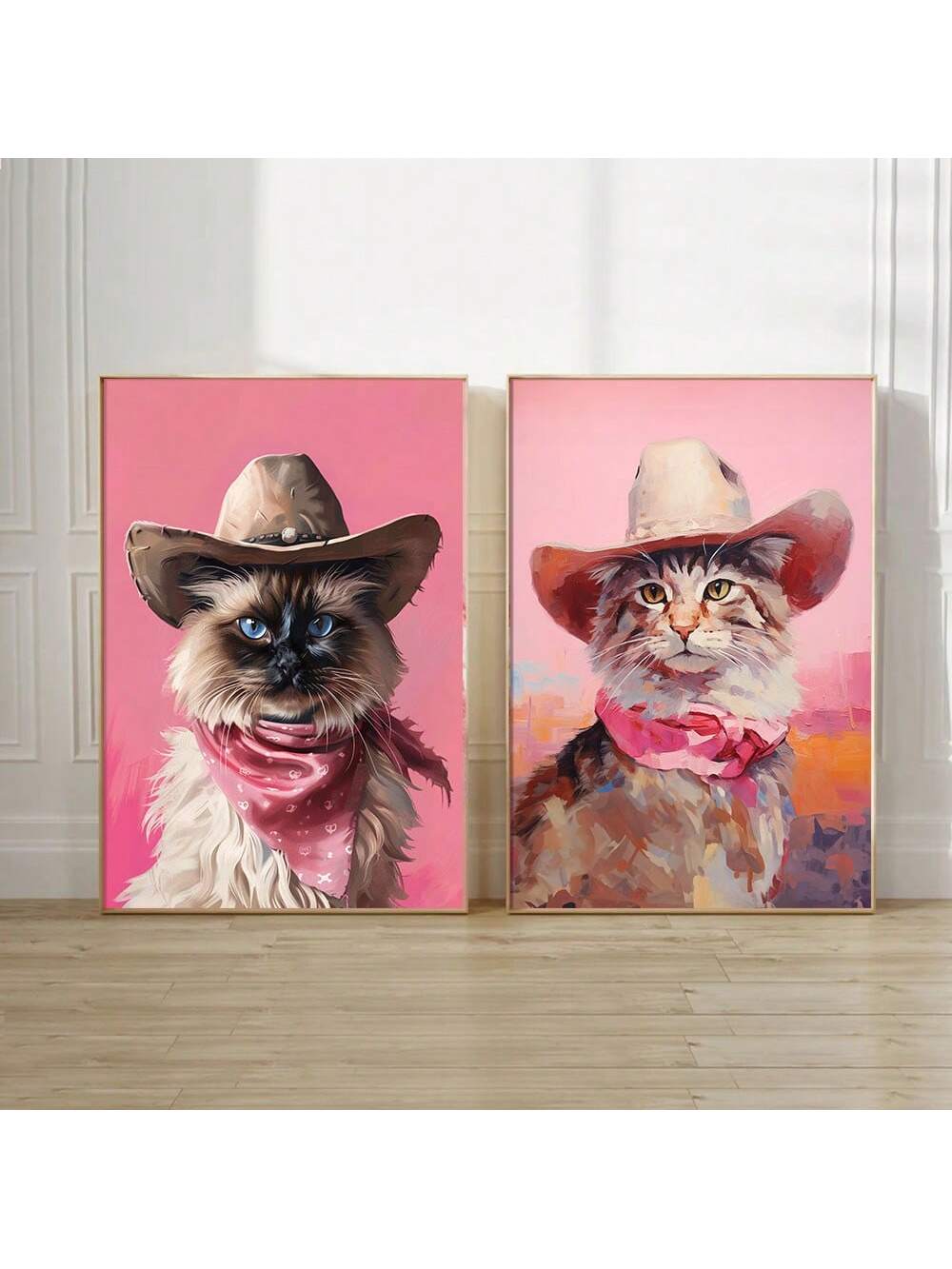 Enhance your home decor with this Set of 2 Unframed Cute Animal Cat Posters from Playful Paws. With a trendy Western cowgirl aesthetic, these posters will add a touch of chic style to any room. Made with high-quality materials, these posters feature adorable animal illustrations that are sure to bring a smile to your face. Perfect for cat lovers and anyone looking to add a playful touch to their home.