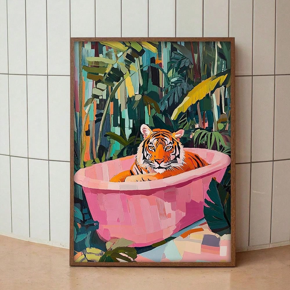 Enhance your bathroom with this playful and aesthetic wall art featuring a majestic tiger. Made with high-quality, unframed canvas, this piece adds a touch of nature and style to your space. Perfect for any tiger enthusiast or anyone looking to add a unique touch to their bathroom decor.