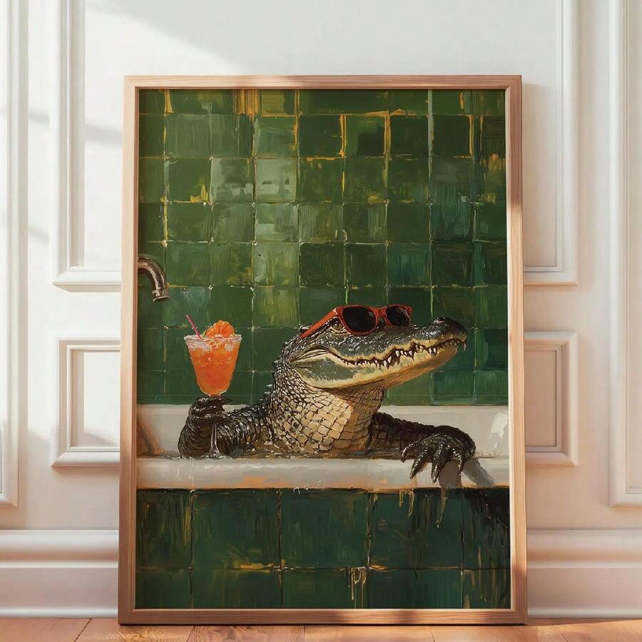 Bring whimsical charm to your bathroom with this playful vintage crocodile canvas art. Featuring a dapper croc enjoying a cocktail in retro style, this multicolor graphic piece adds personality and humor to any space. Crafted on waterproof canvas, it's perfect for moisture-prone areas. Available as both framed and unframed options, this animal-themed artwork works equally well in bathrooms, dining rooms, or any room needing a dose of nostalgic fun and conversation-starting decor.