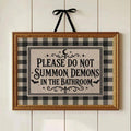 Funny demon bathroom canvas sign with bats and ornate gold frame