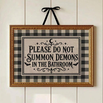 Funny demon bathroom canvas sign with bats and ornate gold frame