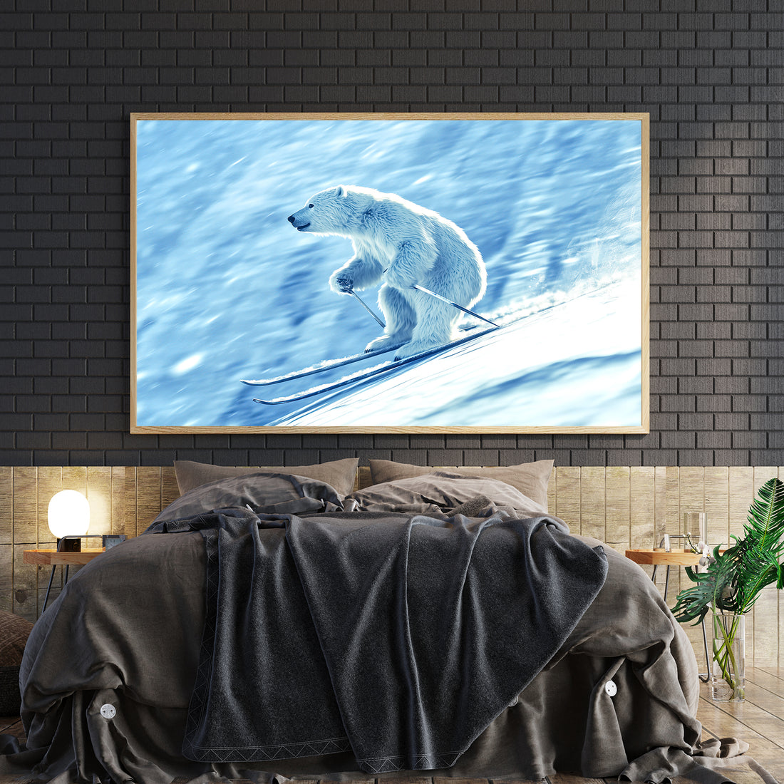 Bring arctic adventure into your home with this striking polar bear skiing canvas print. This winter wildlife artwork captures a playful moment of nature, rendered in vivid detail that commands attention on any wall.