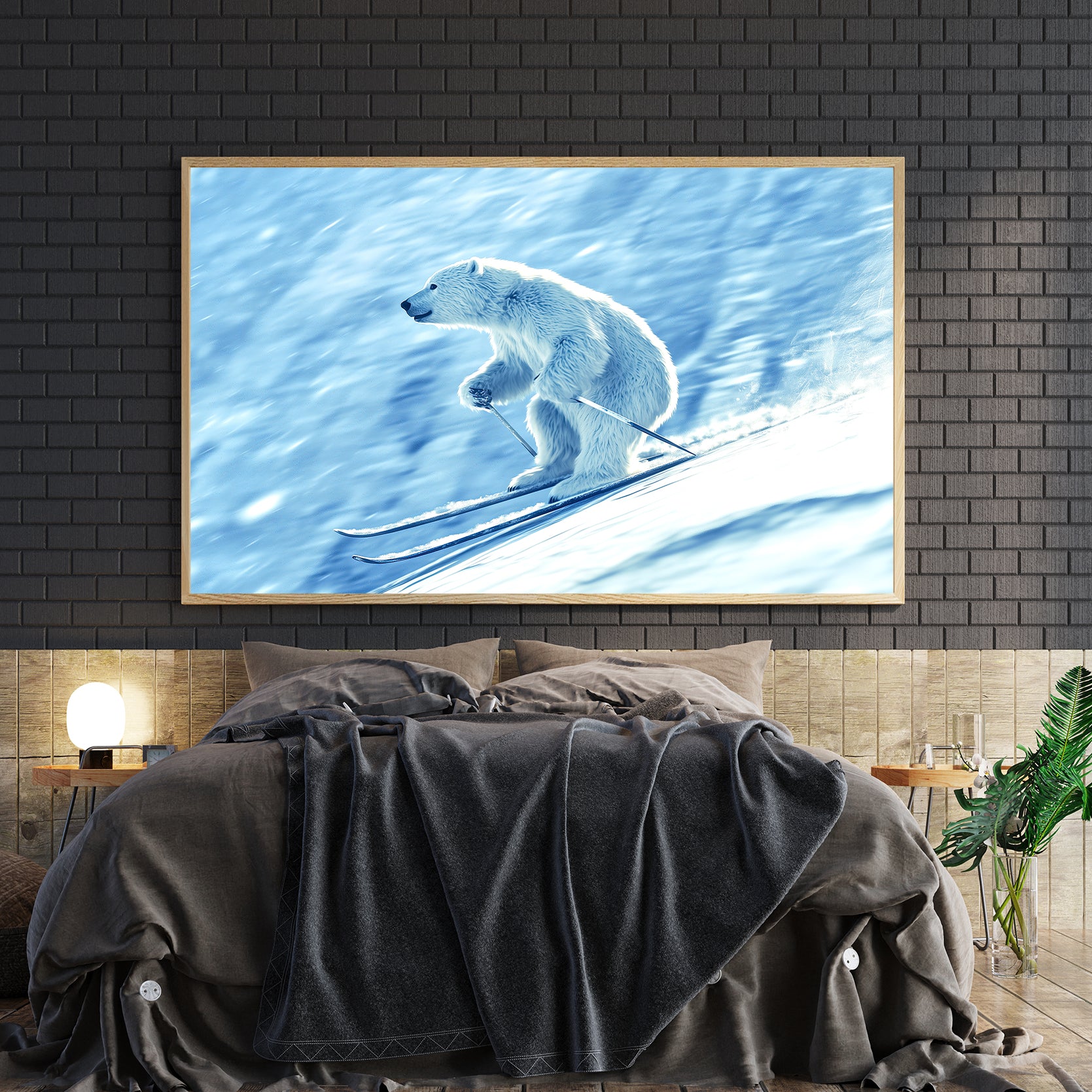 Bring arctic adventure into your home with this striking polar bear skiing canvas print. This winter wildlife artwork captures a playful moment of nature, rendered in vivid detail that commands attention on any wall.