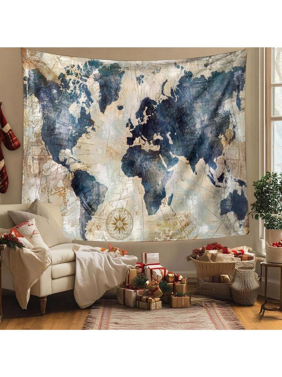 Vintage navy world map tapestry in cozy living room with Christmas decor and armchair