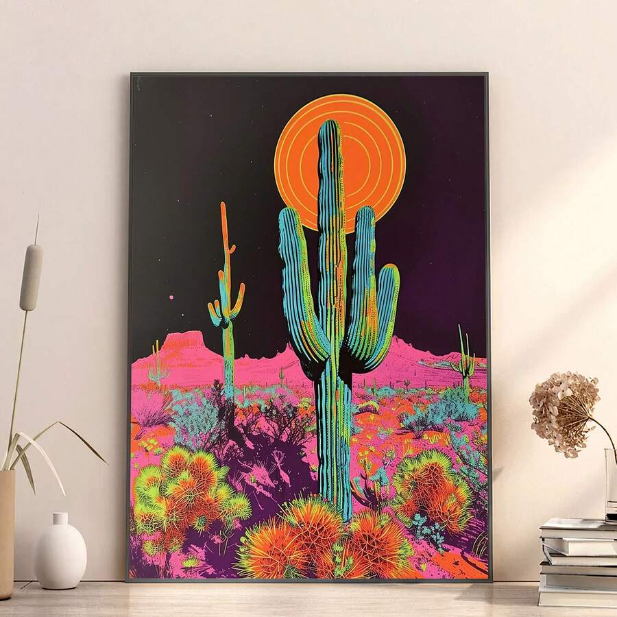 Pop art desert poster styled against a light wall with books and decor