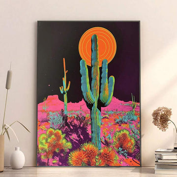 Pop art desert poster styled against a light wall with books and decor