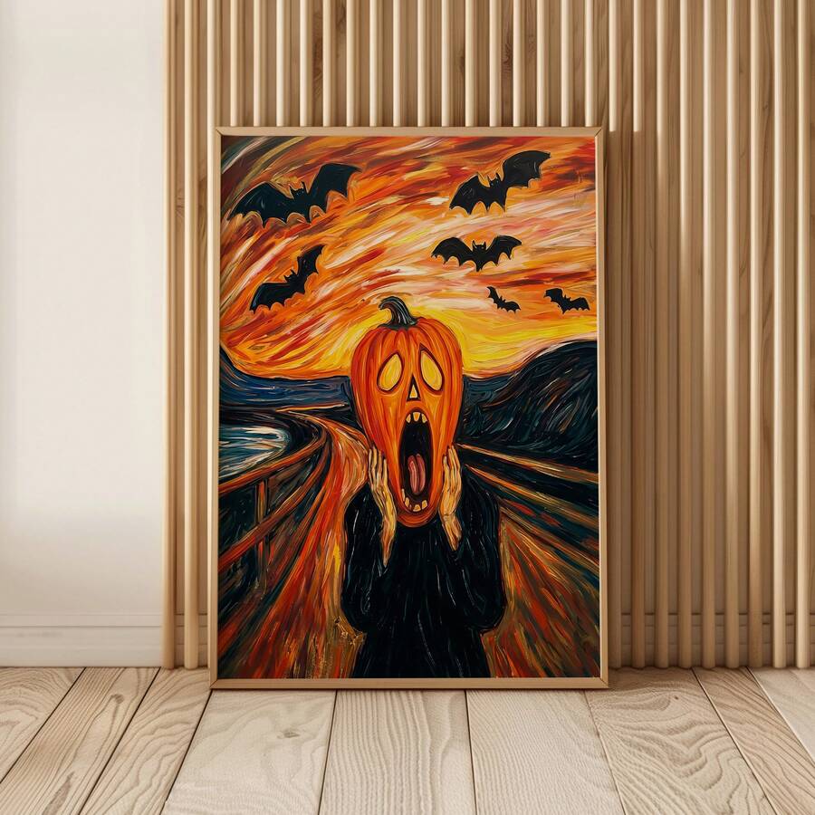 Framed screaming pumpkin and bats expressionist Halloween poster