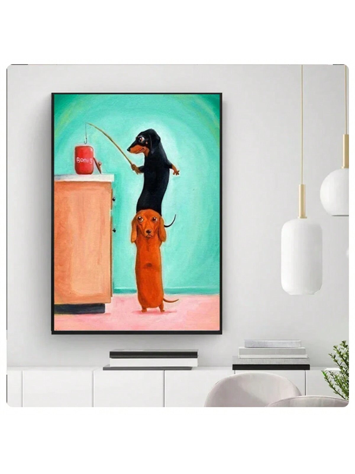 This whimsical canvas wall art features a playful and adorable dachshund driving a Porsche. Perfect for dog lovers, it adds a touch of charm to any room. Made with high-quality materials, this art piece is a delightful addition to any home decor.