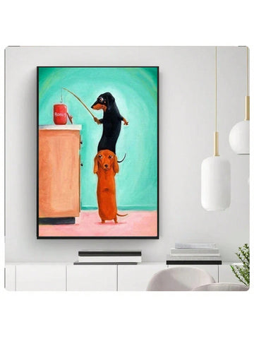 This whimsical canvas wall art features a playful and adorable dachshund driving a Porsche. Perfect for dog lovers, it adds a touch of charm to any room. Made with high-quality materials, this art piece is a delightful addition to any home decor.