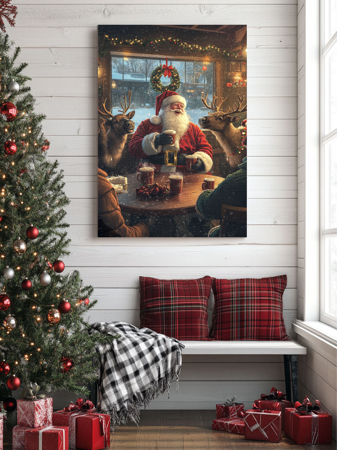 Experience the magic of Christmas with our Santa Claus Talking To Reindeer Canvas Wall Art. This beautifully crafted piece brings the beloved holiday characters to life, adding a touch of whimsy to any space. Made with high-quality materials and expert artistry, it's the perfect addition to your festive decor.