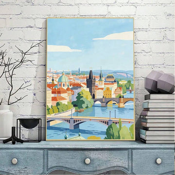 Prague Cityscape Watercolor & European Skyline Travel Canvas Poster