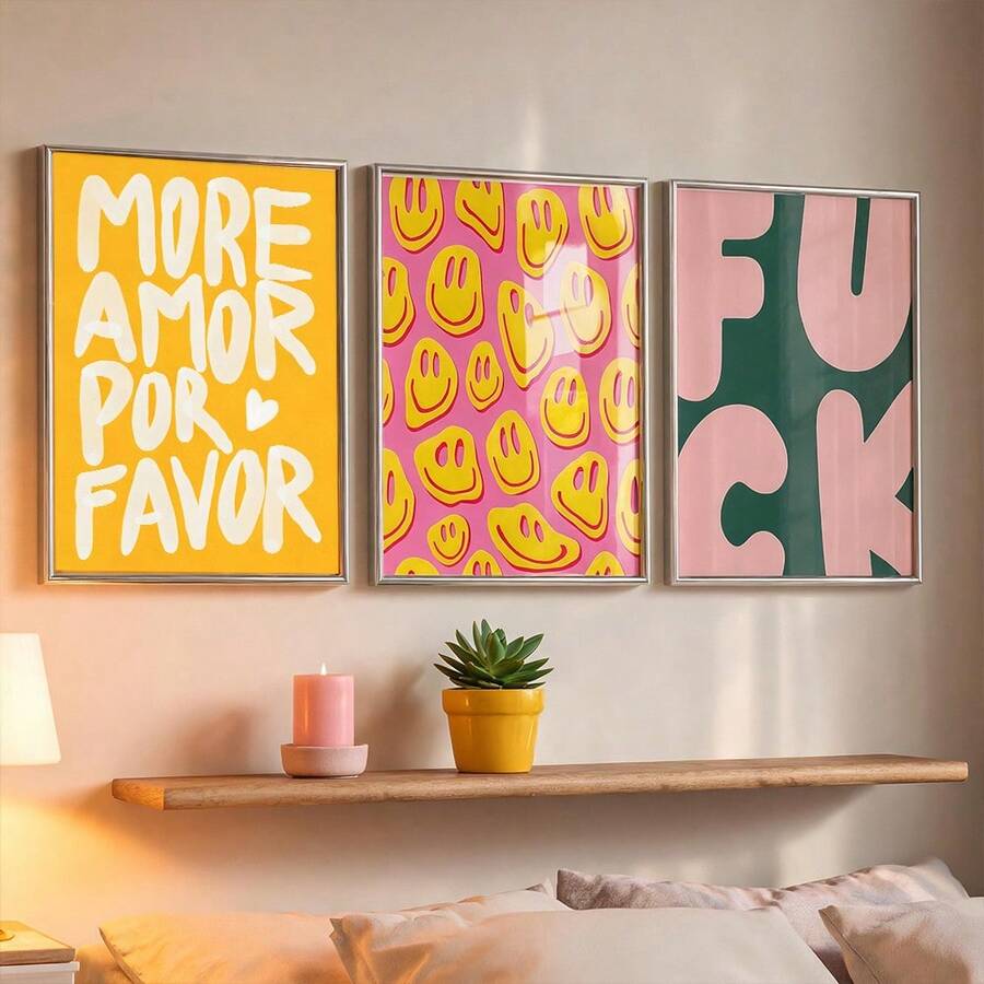 Three retro dopamine poster prints in silver frames
