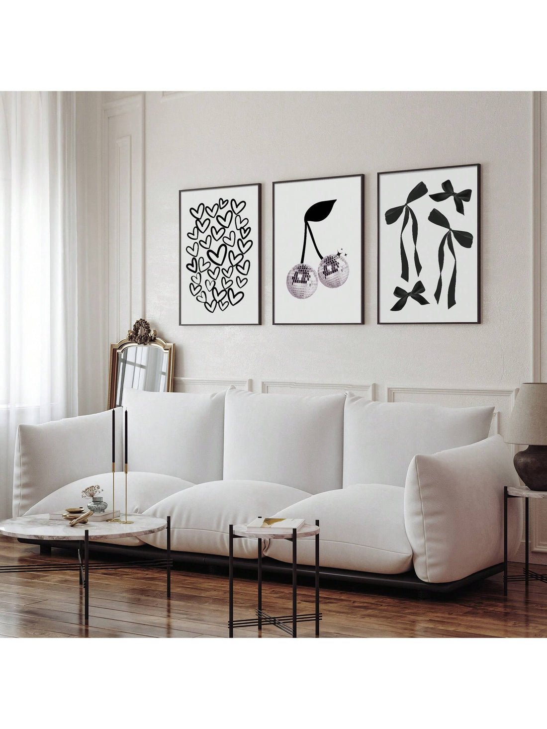Enhance your living space with our Preppy Aesthetic Wall Art Set featuring stylish and timeless designs of a Black &amp; White Bow, Cherry, and Hearts. Elevate the look and feel of your room while adding a touch of elegance and chicness. Made with high-quality materials, these canvas paintings are sure to make a lasting impression.