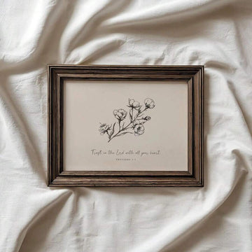 Christian wall art with cotton flower line drawing and Trust in the Lord Proverbs 3:5 verse