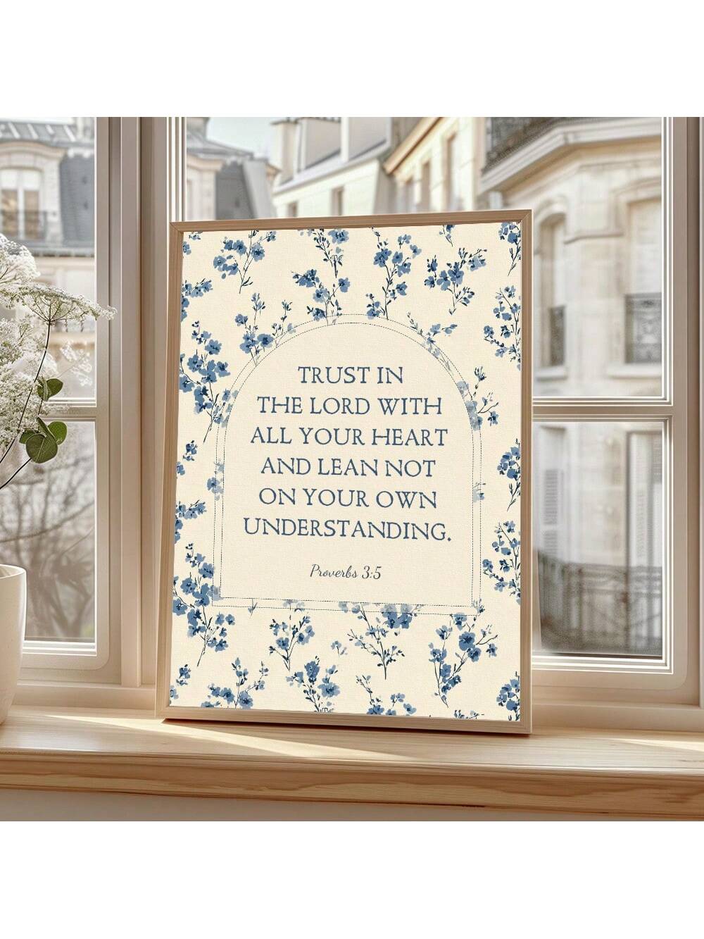Enhance your space with this Proverbs 3:5 wall art, featuring a serene blue floral design that complements any décor. Printed on high-quality canvas, this inspirational piece serves as a daily reminder to trust in the Lord with all your heart, fostering faith and encouragement in your home, office, or college setting. Its elegant style and meaningful message make it a perfect choice for those seeking spiritual motivation and aesthetic beauty.