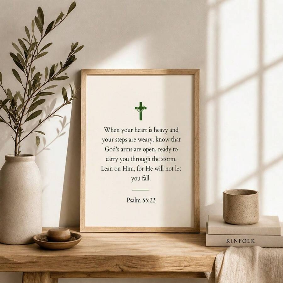 Psalm 55 22 scripture canvas poster with blue cross