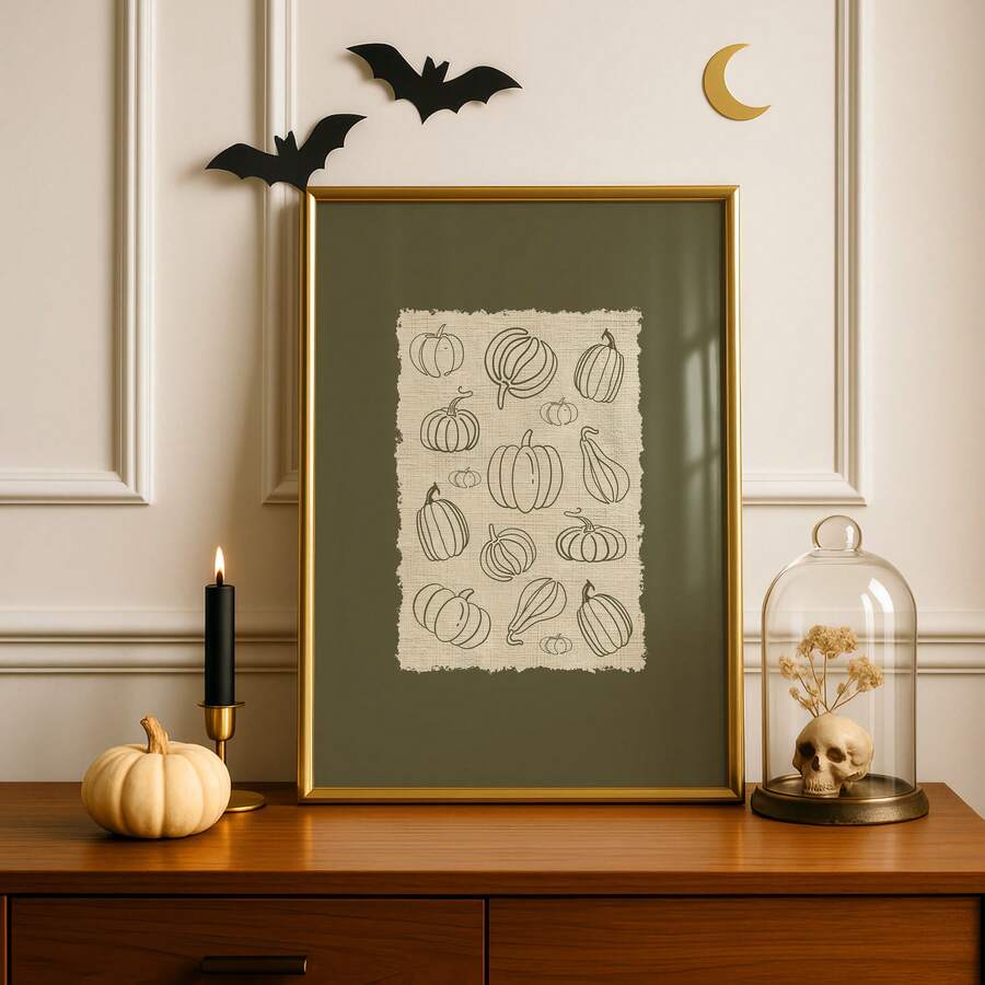 Pumpkin Fall Theme Rustic Line Art Olive Green Minimalist Canvas Poster 