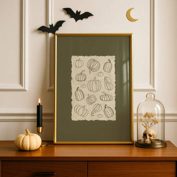 Pumpkin Fall Theme Rustic Line Art Olive Green Minimalist Canvas Poster 