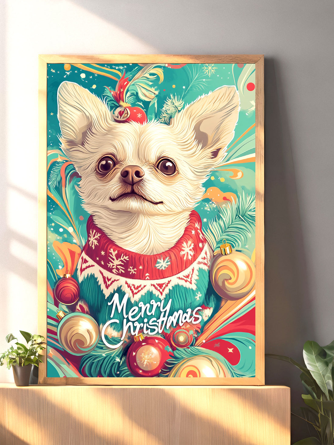 This charming wall art features an adorable puppy wearing a festive Christmas sweater. Perfect for adding a touch of holiday cheer to any room, this poster will warm your heart with its precious design. Made with high-quality materials, it's a must-have for any dog lover's home decor.