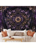 Purple gold floral mandala tapestry displayed above sofa