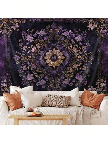 Purple gold floral mandala tapestry displayed above sofa