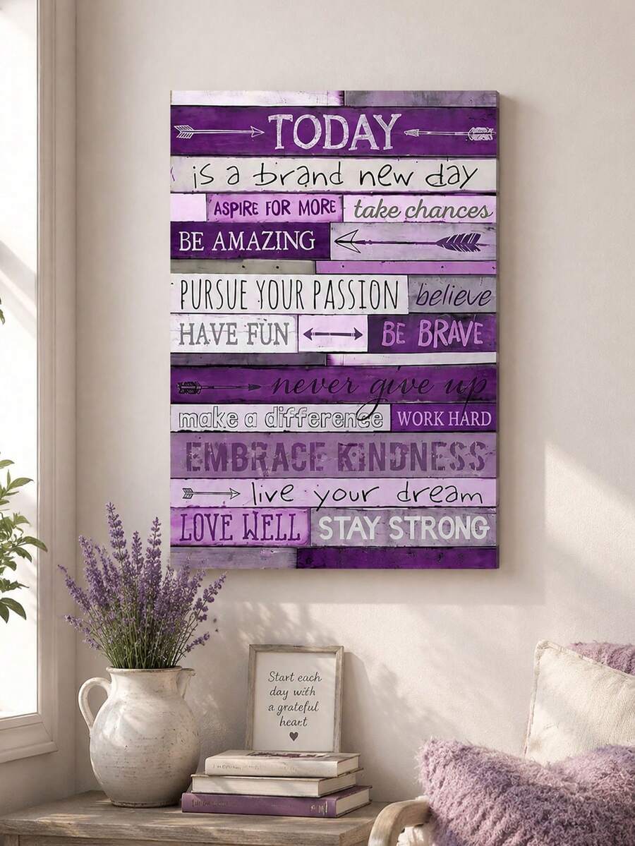 Purple motivational quote artwork above books and lavender in a bright reading nook