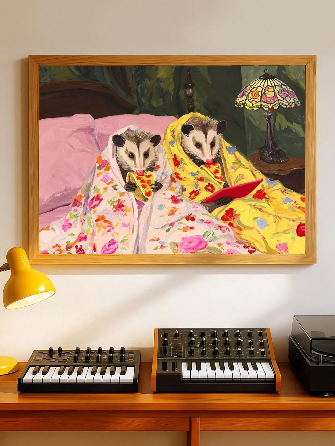 This whimsical art print celebrates the unexpected charm of woodland creatures through a surreal, imaginative lens. 