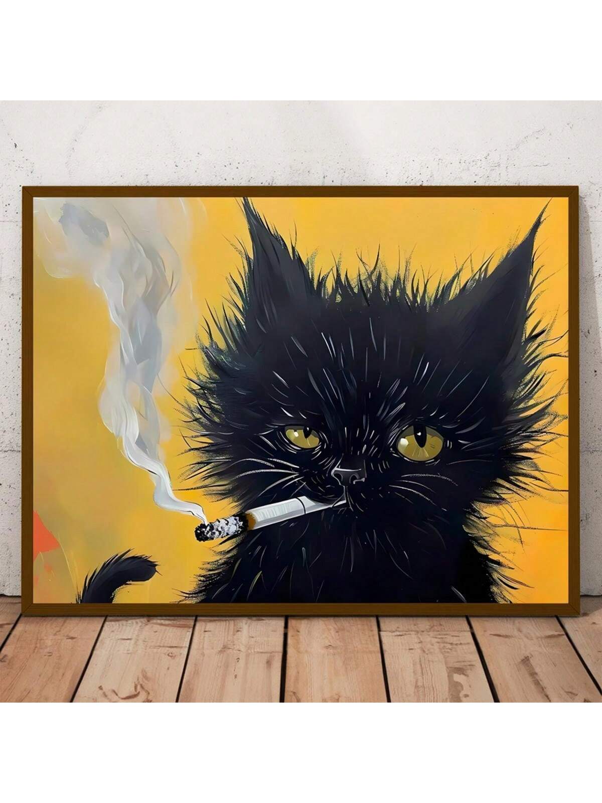 Add a touch of feline sophistication to your space with this distinctive Black Cat Canvas Art. The retro-inspired design features a smoking cat motif that serves as both a conversation starter and artistic focal point. Perfect for contemporary interiors, this canvas art piece complements both home and office environments with its unique blend of quirky charm and vintage aesthetic.