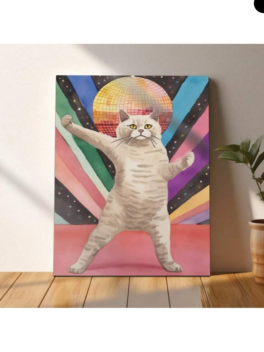 This vibrant disco cat canvas print brings playful energy to any space with its bold, eye-catching design.