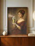 Brown framed vintage lady portrait holding floral spray can above a walnut console