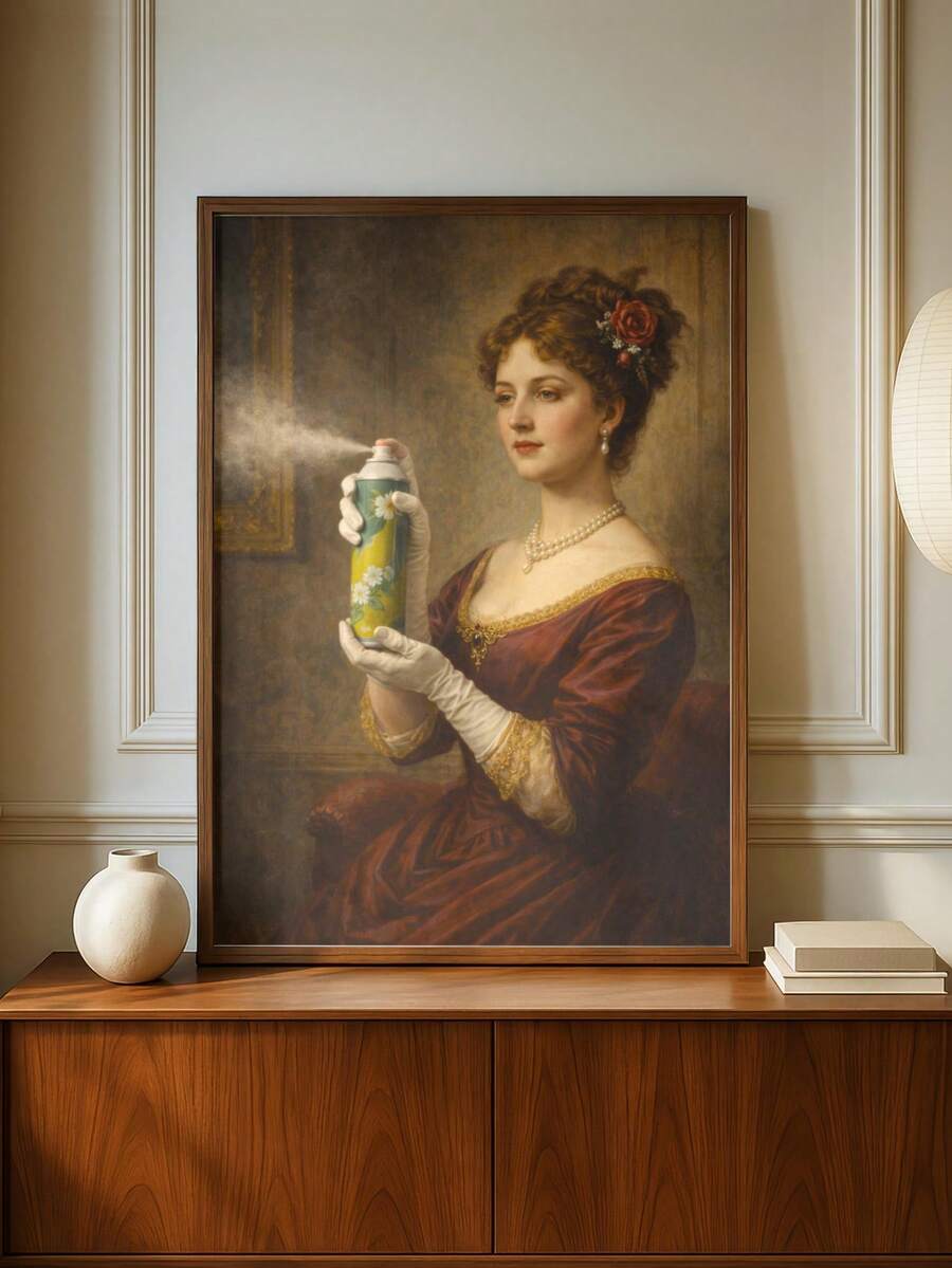 Brown framed vintage lady portrait holding floral spray can above a walnut console