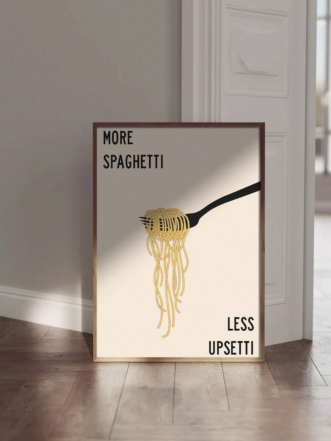 Bring lighthearted charm to any room with this whimsical canvas poster featuring the playful motto "More Spaghetti Less Upsetti." Perfect for kitchens, dining areas, or creative spaces, this illustration combines humor with contemporary design sensibilities.