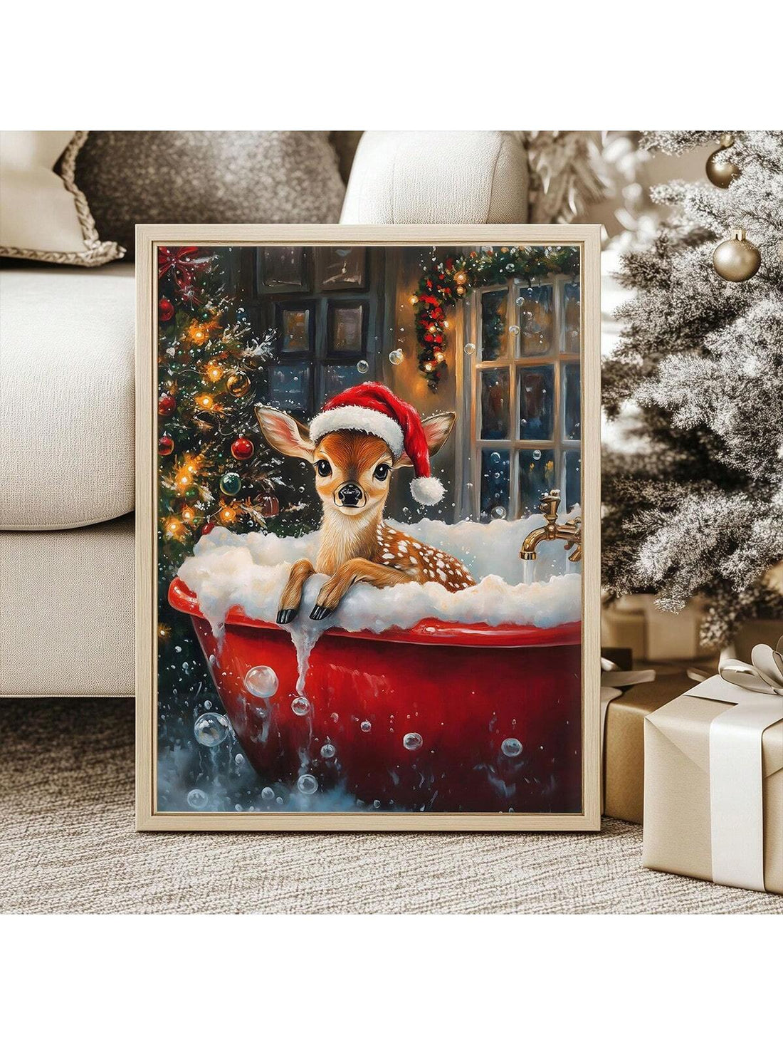 This whimsical canvas art brings nostalgic holiday charm to any bathroom space. Featuring a playful reindeer soaking in a vintage bathtub, the piece combines festive spirit with unexpected humor—perfect for those who appreciate unconventional Christmas décor. The retro aesthetic and warm color palette complement traditional and eclectic bathroom designs alike. Ideal for creating a memorable focal point during the holiday season or year-round for collectors of quirky vintage-inspired art. High-quality canvas