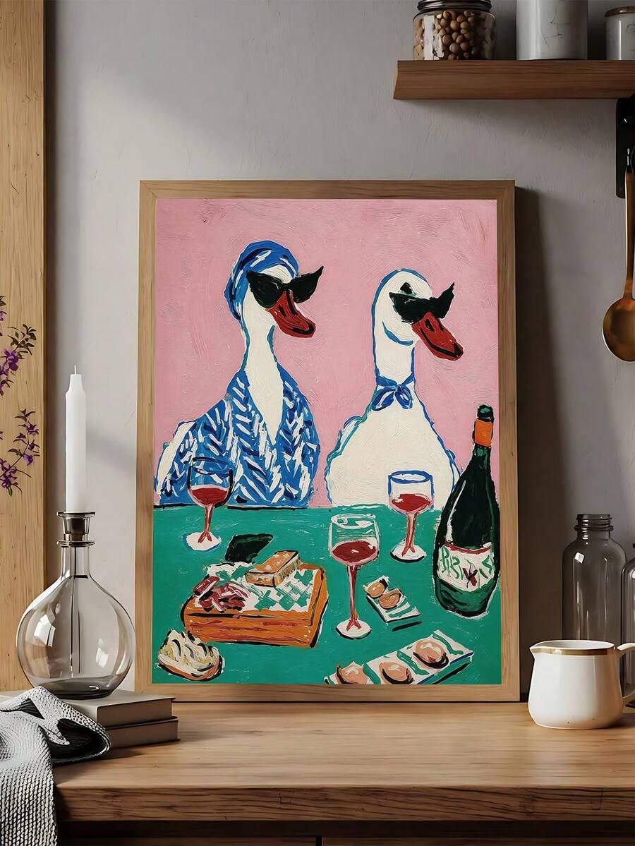 Bring whimsical charm to your space with this quirky vintage duck and wine art poster. Featuring a playful animal and beverage design, this modern piece combines retro aesthetics with contemporary style. Available as both framed and unframed canvas options, it's perfect for dining rooms, kitchens, or restaurant settings. The waterproof canvas ensures durability, while the removable design makes it easy to update your décor whenever you like. A conversation starter that adds personality and warmth to any roo