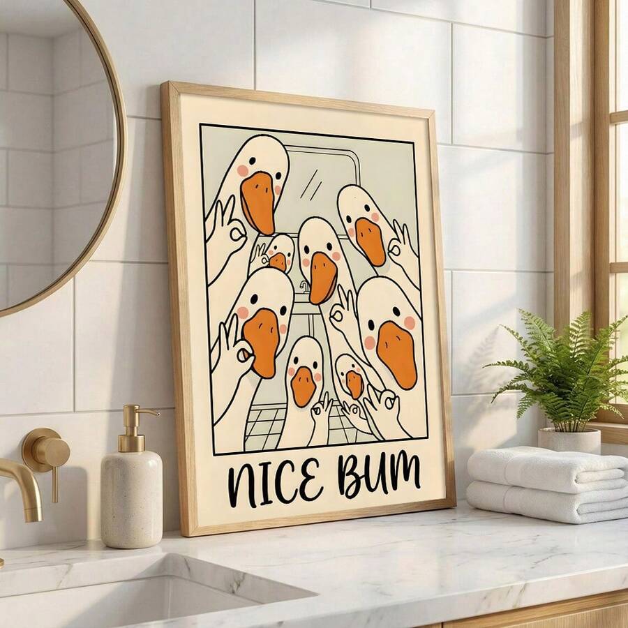 Add a touch of humor to your space with this quirky vintage canvas poster featuring adorable duck and goose characters. The playful "Nice Bum" design brings witty charm to bathrooms, bedrooms, living rooms, or home offices. Printed on quality canvas with vibrant multicolor cartoon artwork, it's the perfect conversation starter for anyone who appreciates quirky, fun decor.