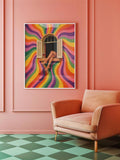 Retro rainbow swirl poster on coral wall with open window crossed legs and red wine glass
