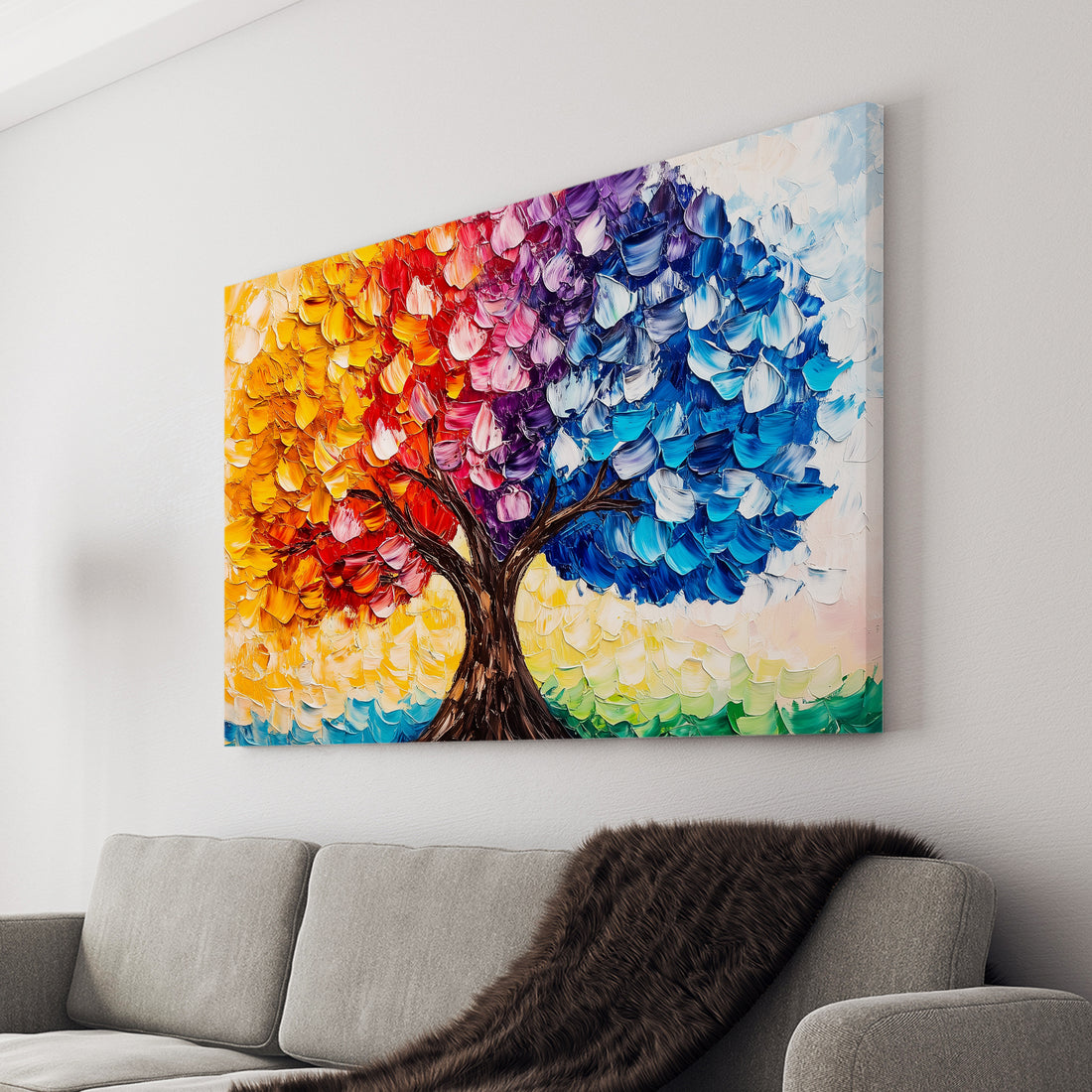 Add a pop of color to any room with our Rainbow Tree Canvas Wall Art. Featuring a vibrant impasto oil painting style, this piece is perfect for living room, sofa backdrop, bedside, or any home decor. The rainbow tree design adds a touch of whimsy, making it a unique and eye-catching addition to your space.