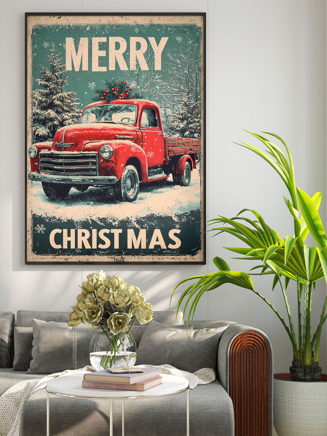 Red Truck Christmas Retro Canvas Wall Art