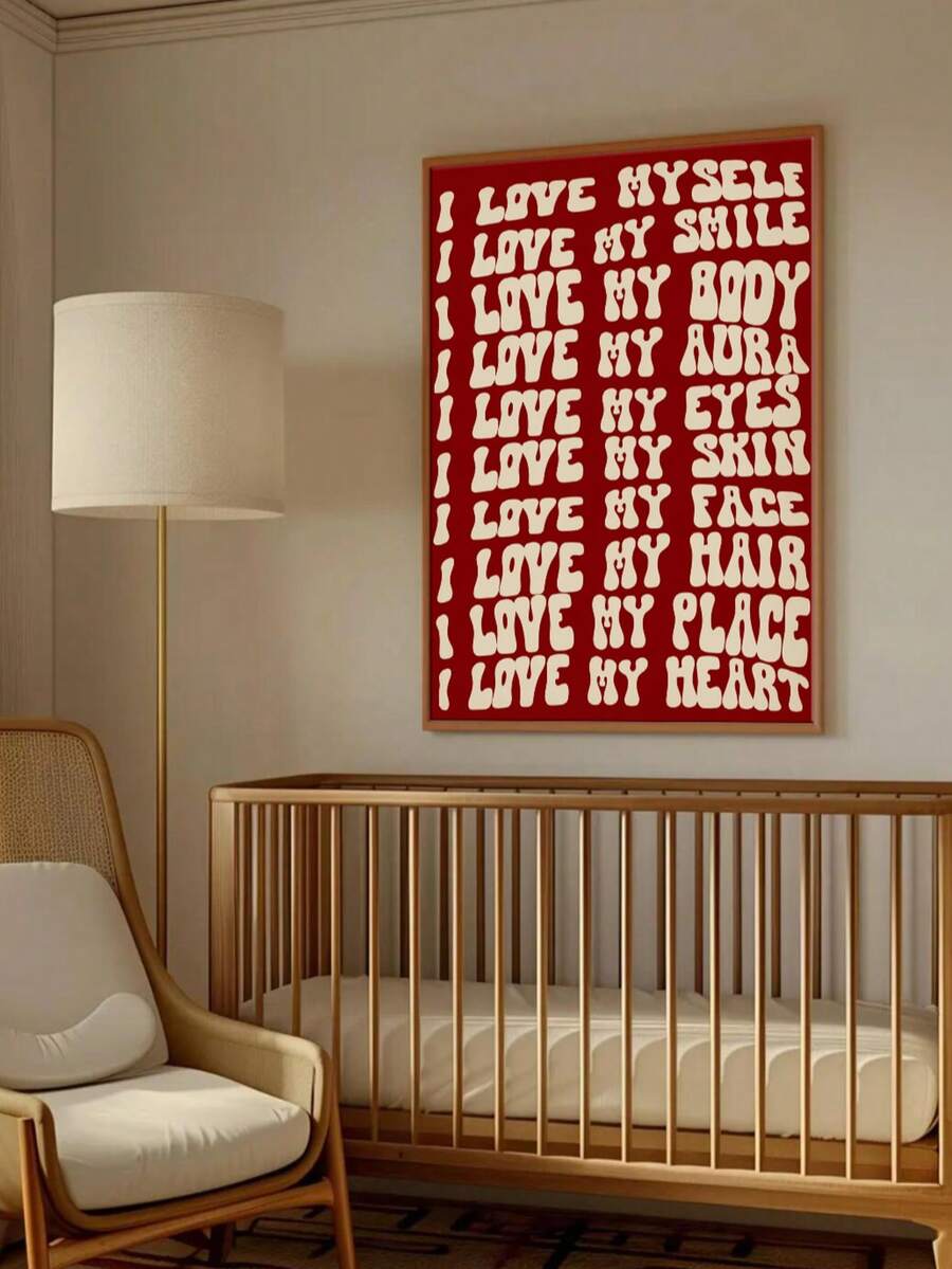Red nursery affirmation poster above crib with self love message in cream letters