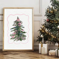 Coquette Christmas tree poster with pink blue and white bows