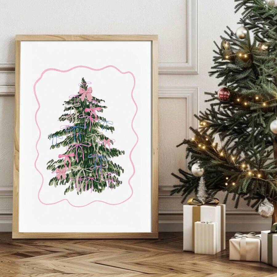 Coquette Christmas tree poster with pink blue and white bows
