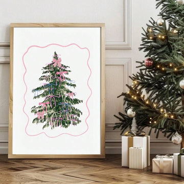 Coquette Christmas tree poster with pink blue and white bows