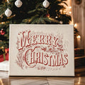 Vintage Merry Christmas canvas poster with red lettering and botanical details
