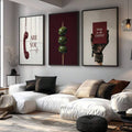 Burgundy vintage phone olive and lace glove triptych above a white living room sofa